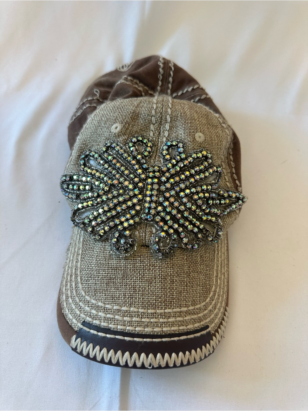 Embellished Brown Linen-Blend Baseball Cap with Crystal Applique